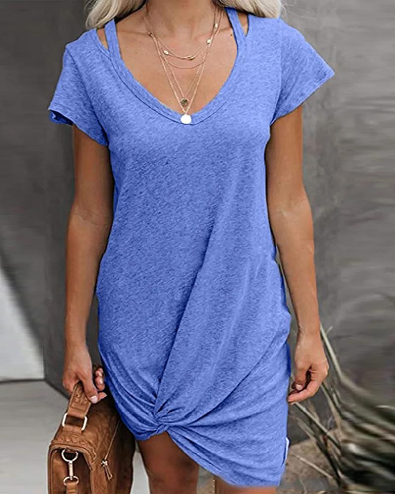 

Hollow Out Twist Hem Casual Dress, Lighted blue