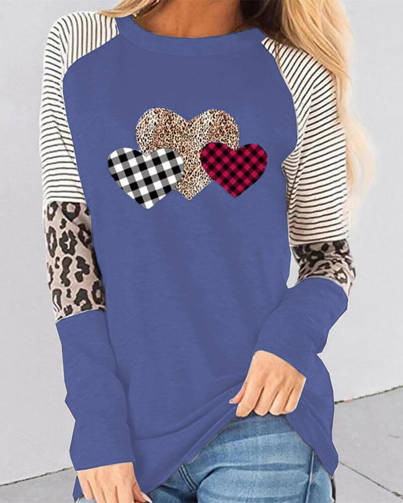 

Valentine' Day Leopard Heart Print Long Sleeve Top, Blue