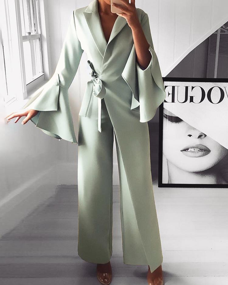 

Irregular Flared Sleeve Knot Side Wide Leg Jumpsuit, Light green