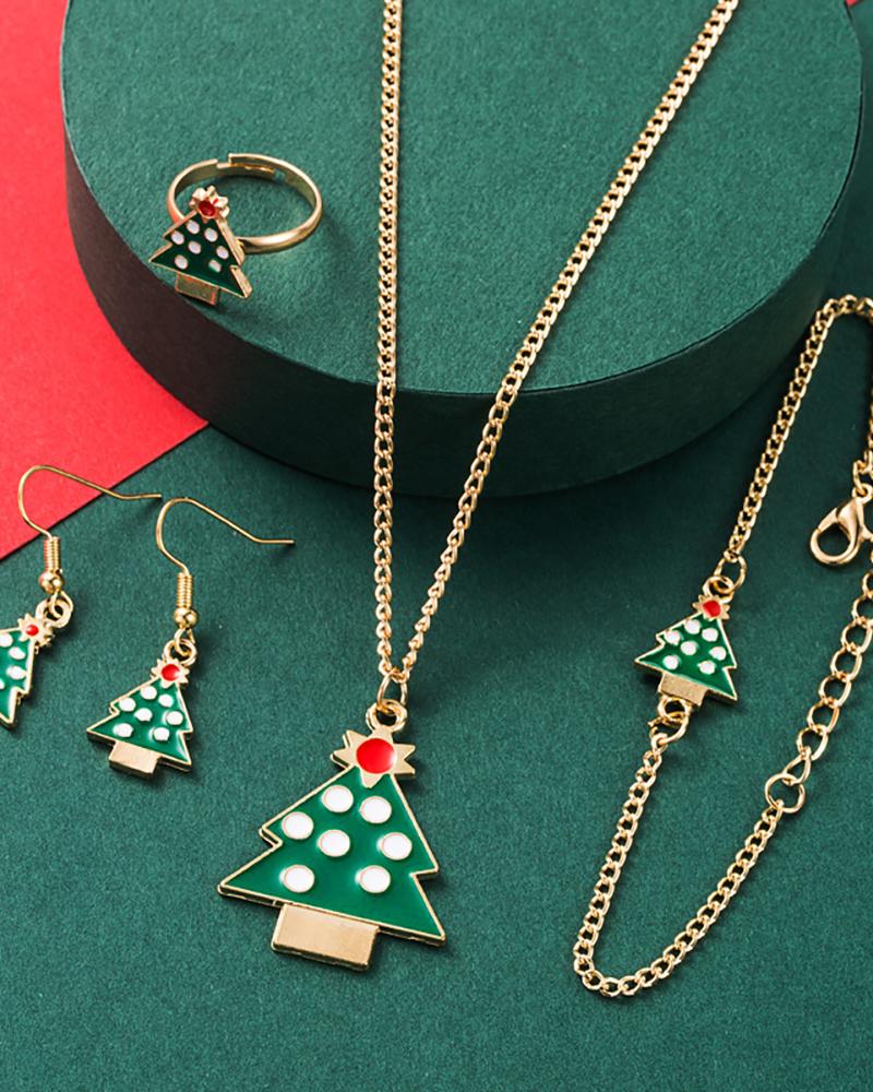 

4PCS Christmas Chain Necklace & Earrings & Ring & Bracelet Set, Green
