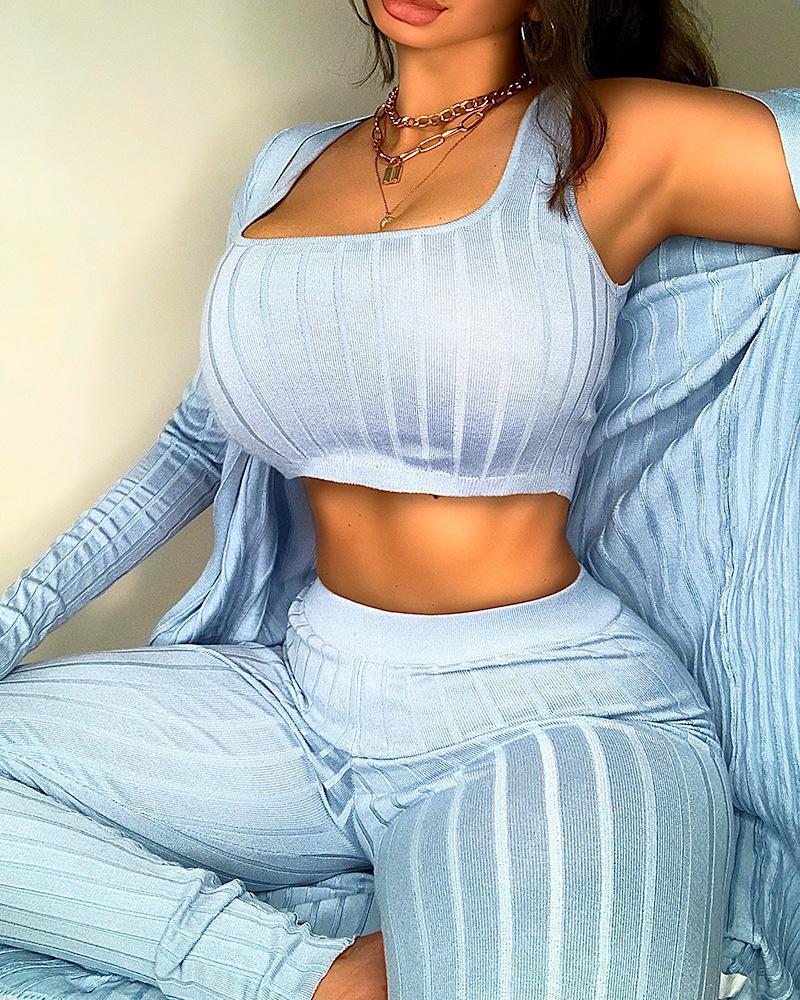 

Ribbed Sleeveless Crop Top & High Waist Pants Set With Cardigan, Blue