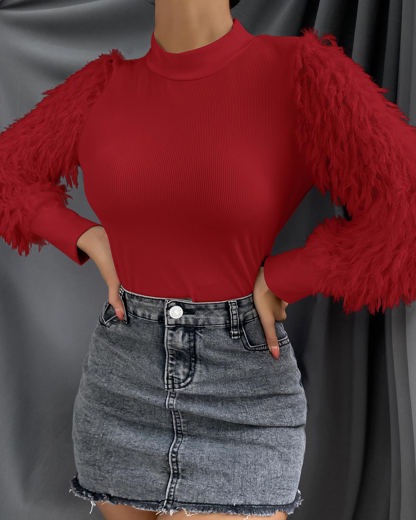 

Mock Neck Fluffy Long Sleeve Sweater, Wine red