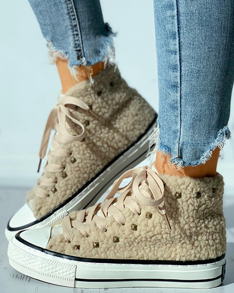 

Rivet Eyelet Lace-up Fluffy Shoes, Apricot