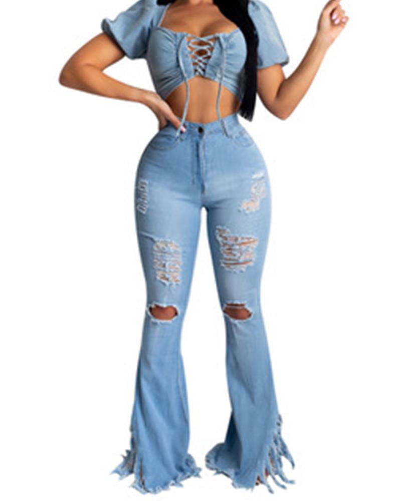 

Tassel Ripped Skinny Flared Jeans, Light blue