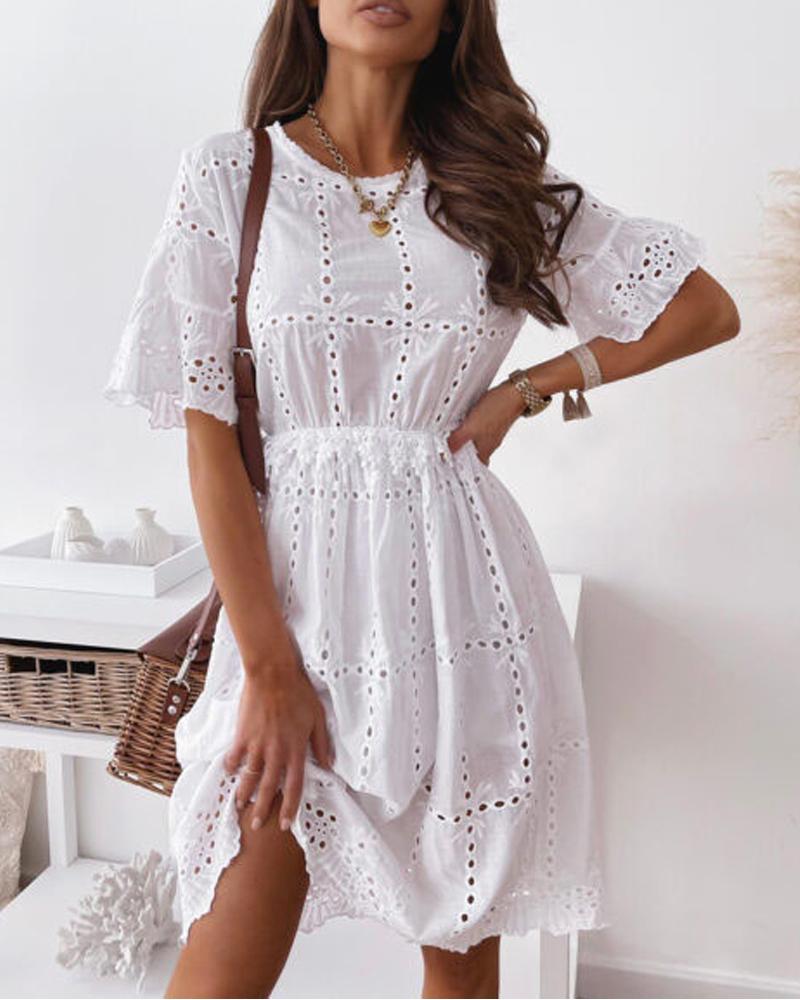 

Eyelet Embroidery Lace Patch Bell Sleeve Casual Dress, White