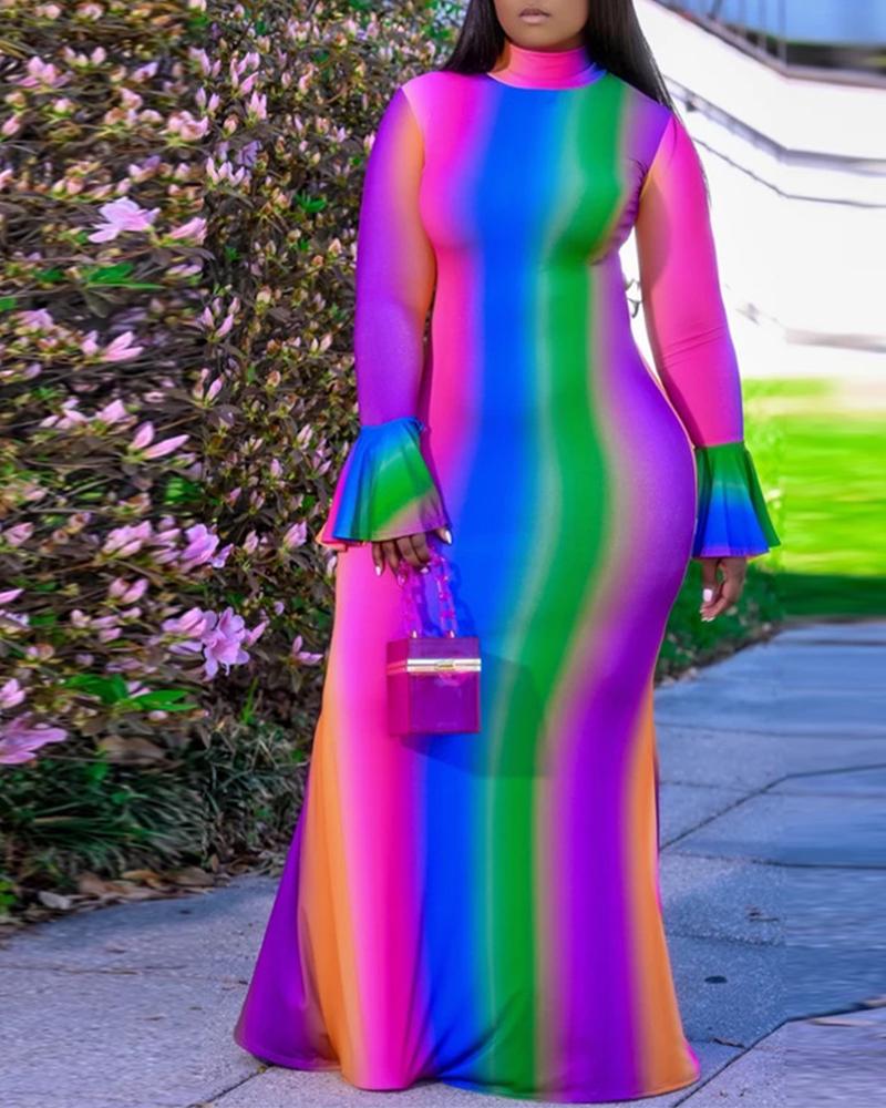

Rainbow Stripe Flared Sleeve Maxi Dress, Multicolor