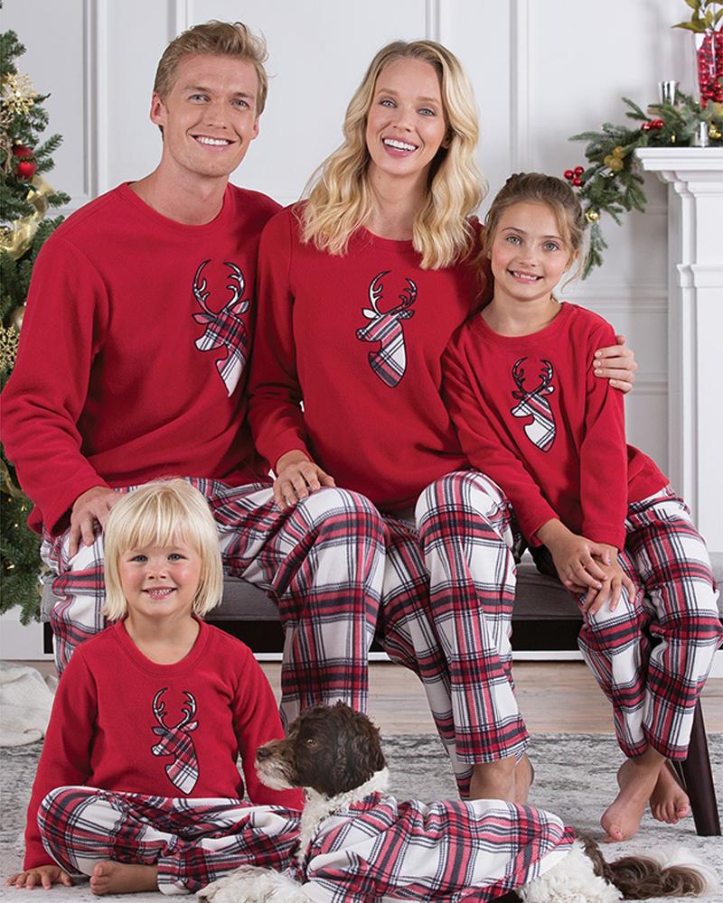 

Christmas Moose Print Top & Plaid Pants Set For Kids, Red