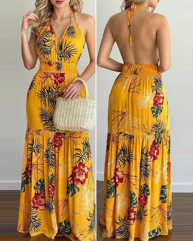 

Tropical Print Halter Backless Maxi Dress Summer Spring Vacation Sleeveless Sexy Boho Beach Dress Casual Floral, Yellow