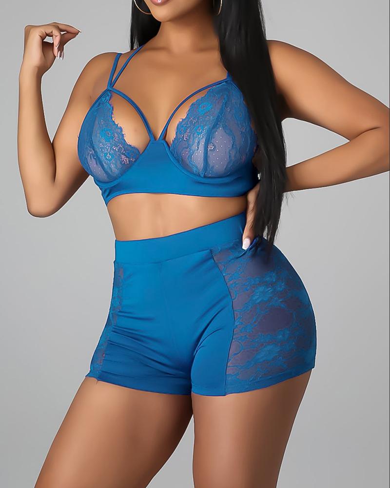 

Crochet Eyelash Lace Sleeveless Cami Set, Blue