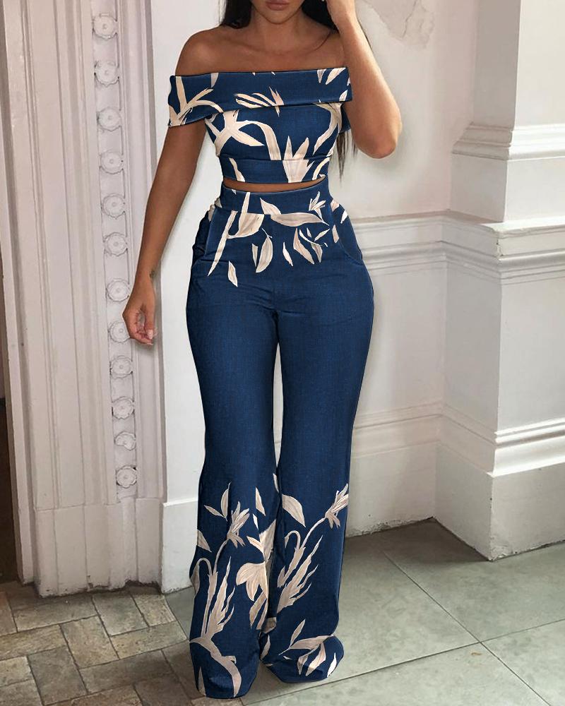 

Plants Print Off Shoulder Crop Top & Pants Set, Dark blue