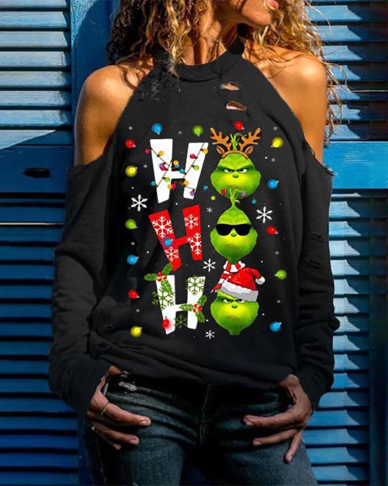 

Cold Shoulder Christmas Print Sweatshirt, Black