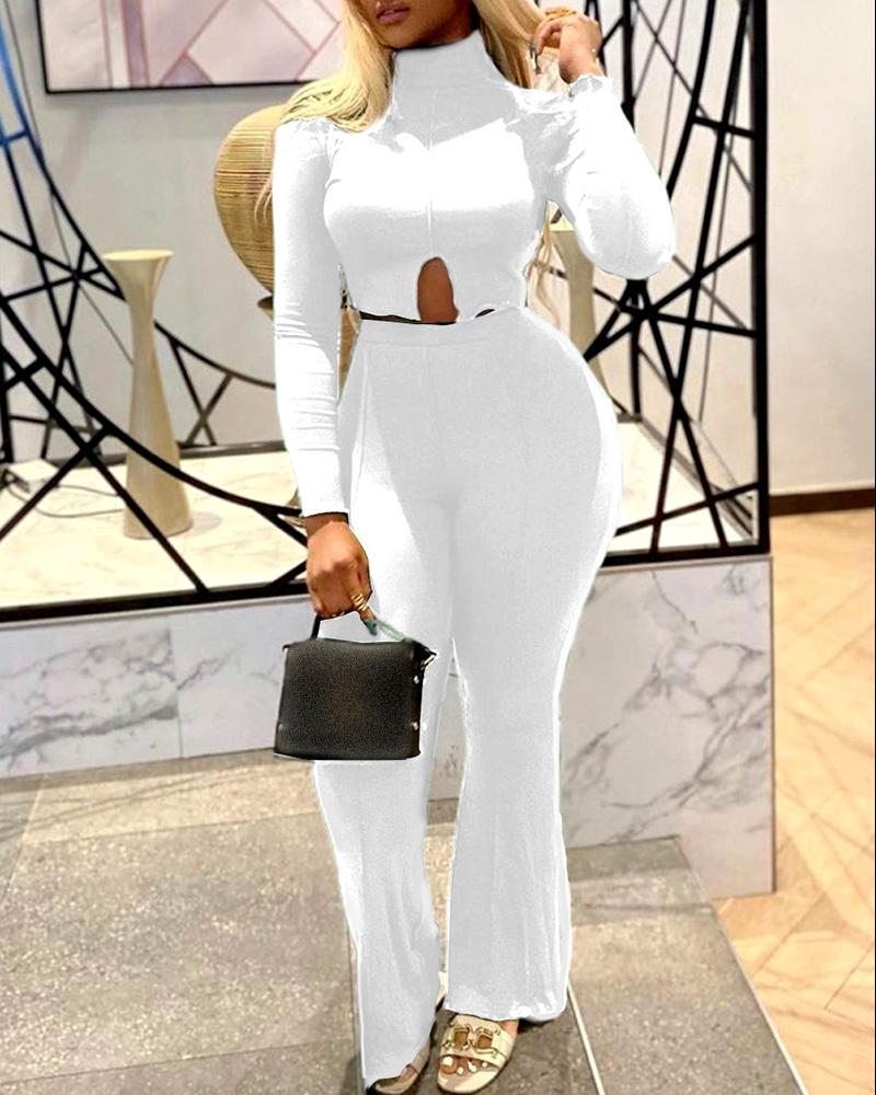 

Long Sleeve High Neck Top & High Waist Pants Set, White