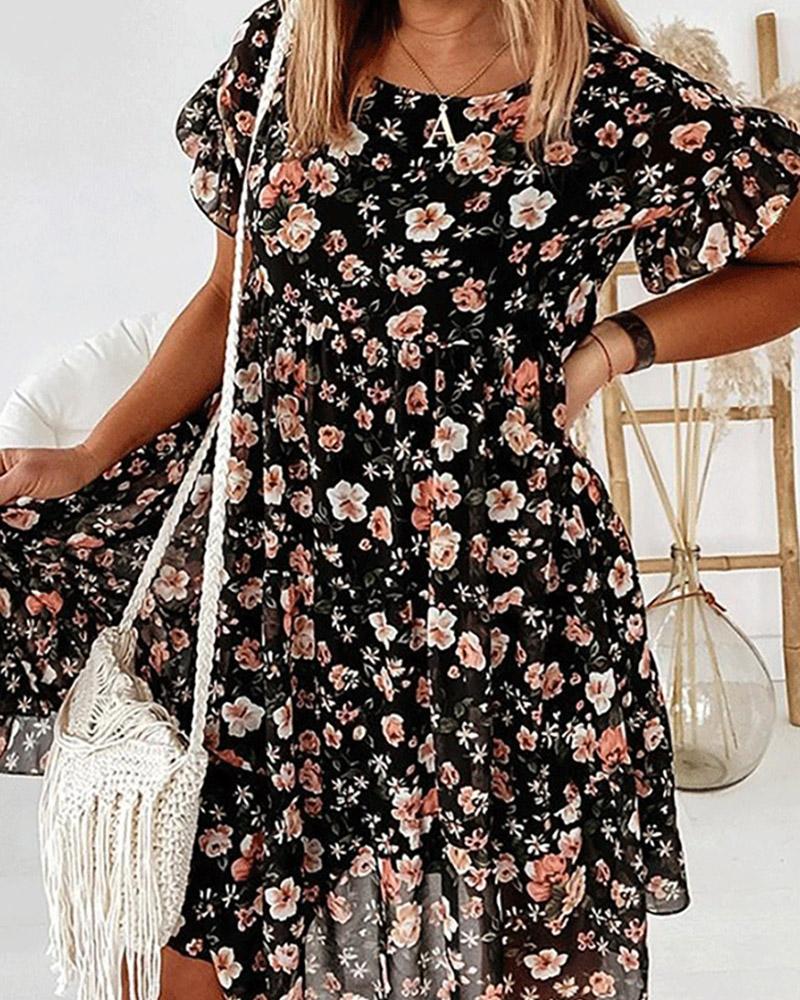 

Floral Print Short Sleeve Ruffles Dress, Black