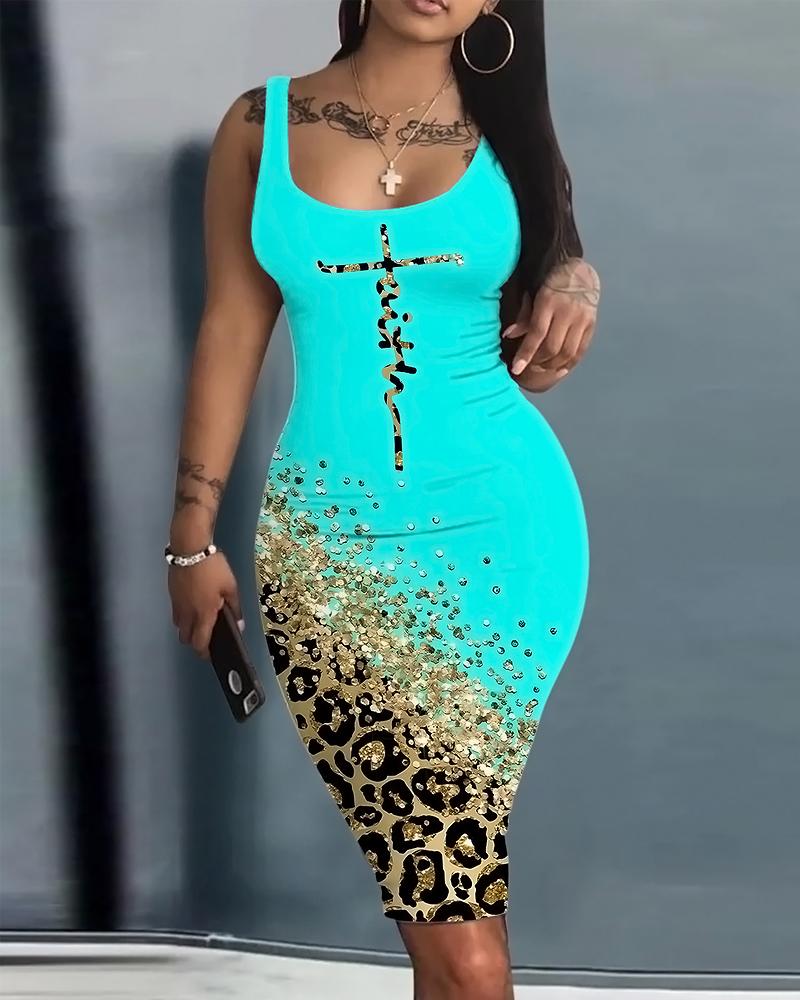 

Faith Contrast Leopard Print U-Neck Bodycon Dress, Turquoise blue