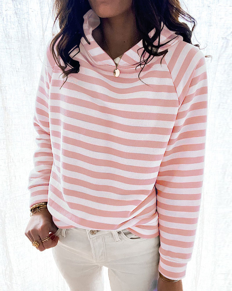 

Striped Print Raglan Sleeve Hoodie, Pink