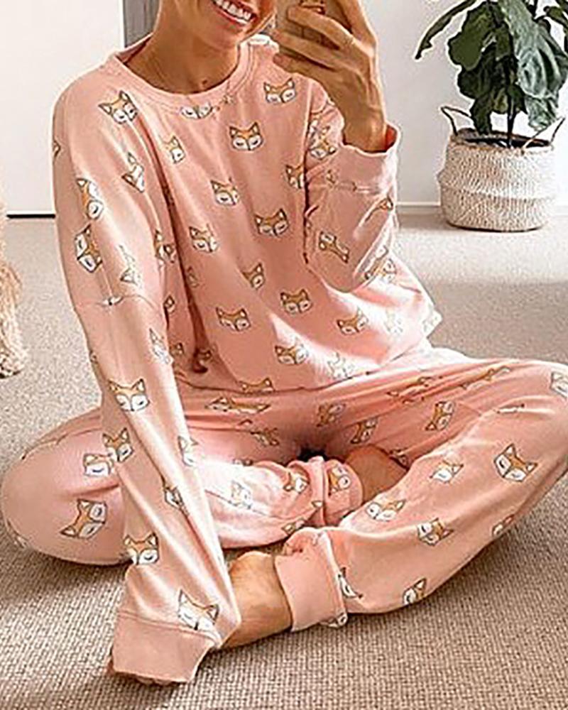 

Animal Print Long Sleeve Pajamas Set, Pink