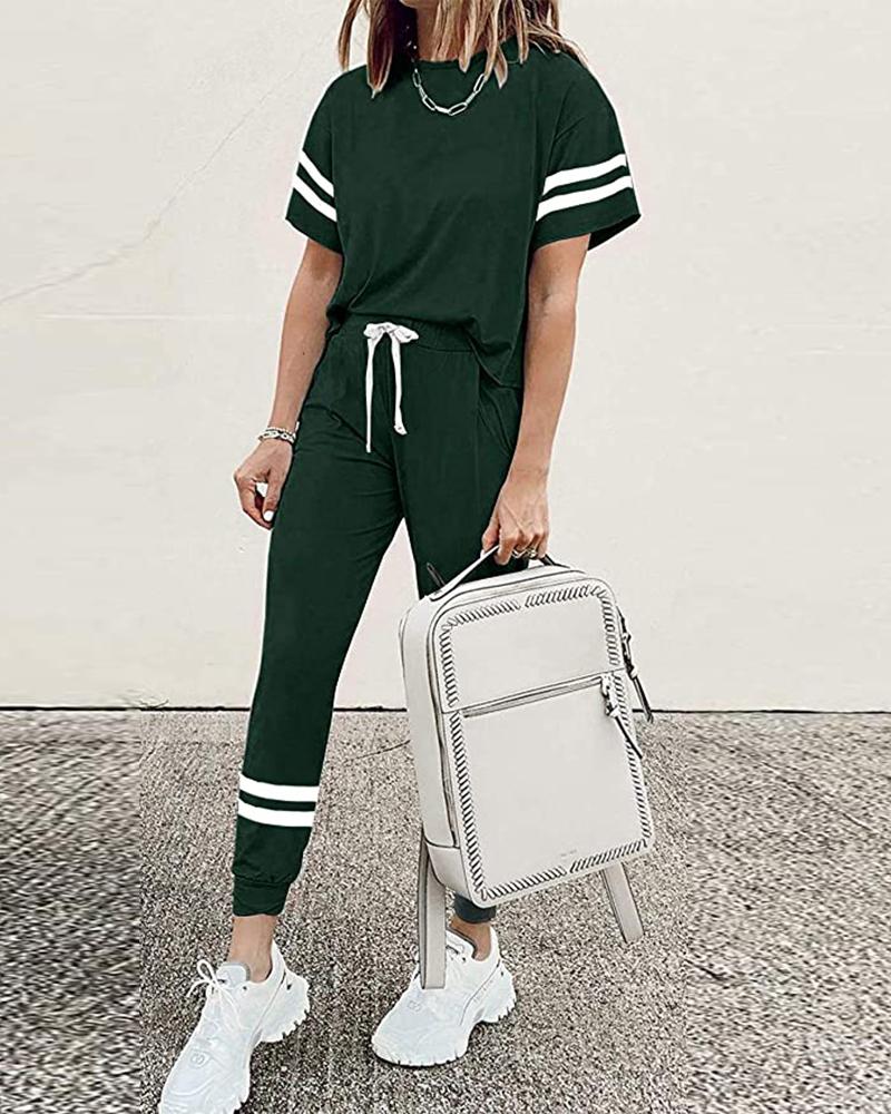 

Striped Print Short Sleeve Women Top & Drawstring Pants Set, Green