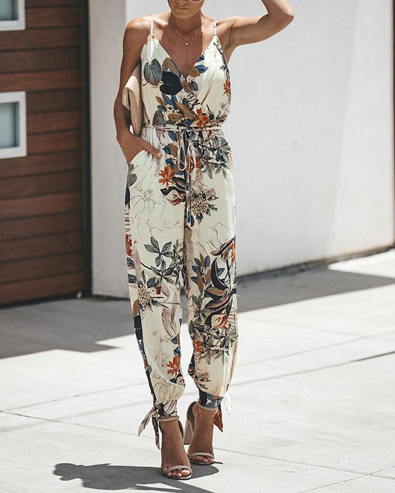 

Plants Print Tied Detail Jumpsuit, Khaki