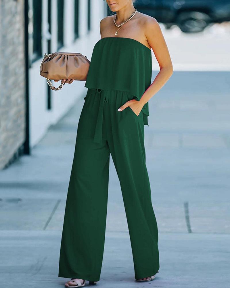 

Strapless Bandeau Pocket Design Ruffles Wide Leg Jumpsuit, Dark green