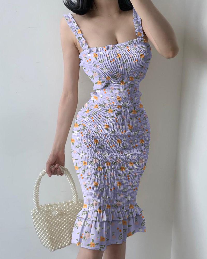 

Cami Purple Floral Printed Ruffle Ham Bodycon Dress