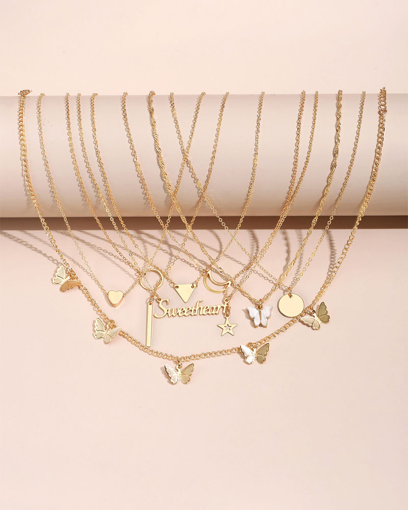 

8PCS/Set Geo & Letter & Heart & Butterfly Pendant Layered Necklace, Gold