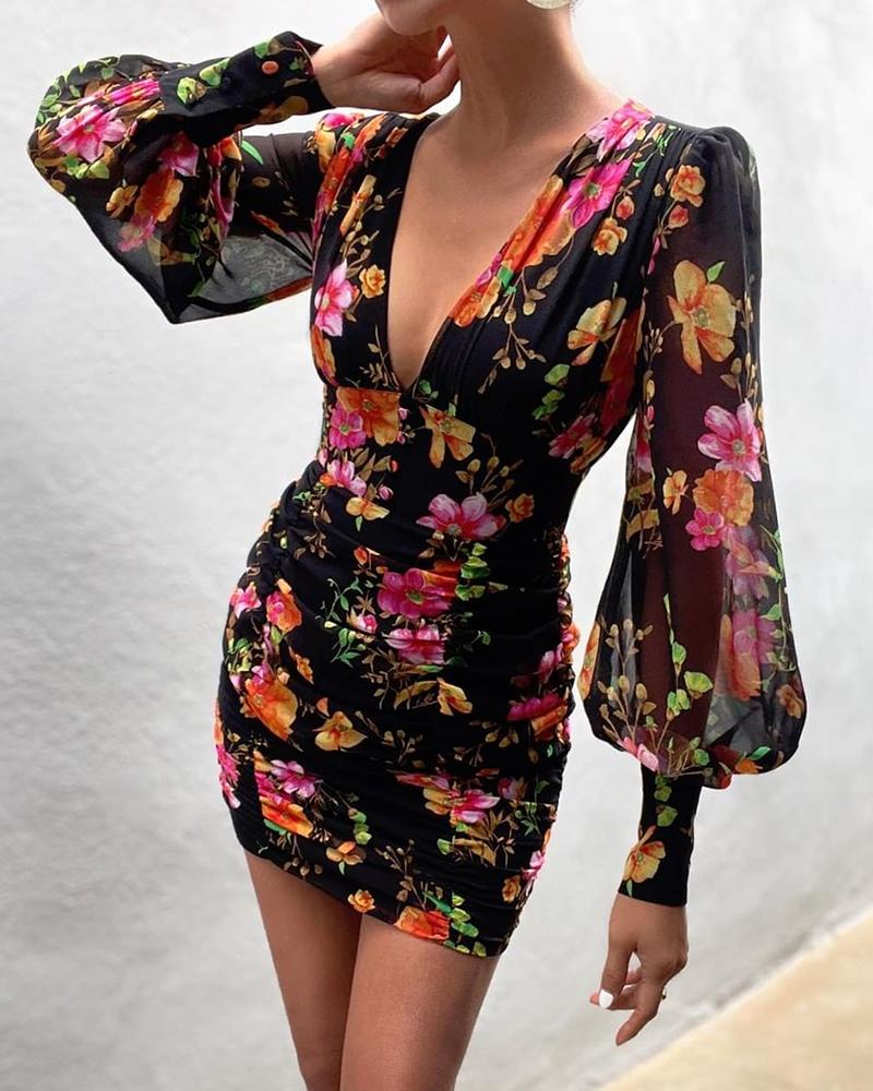 

Floral Print V-neck Lantern Sleeve Tight Waist Dress, Black