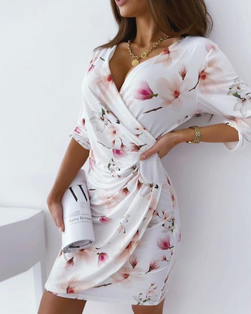 

Floral Print V Neck Ruched Wrap Dress, White