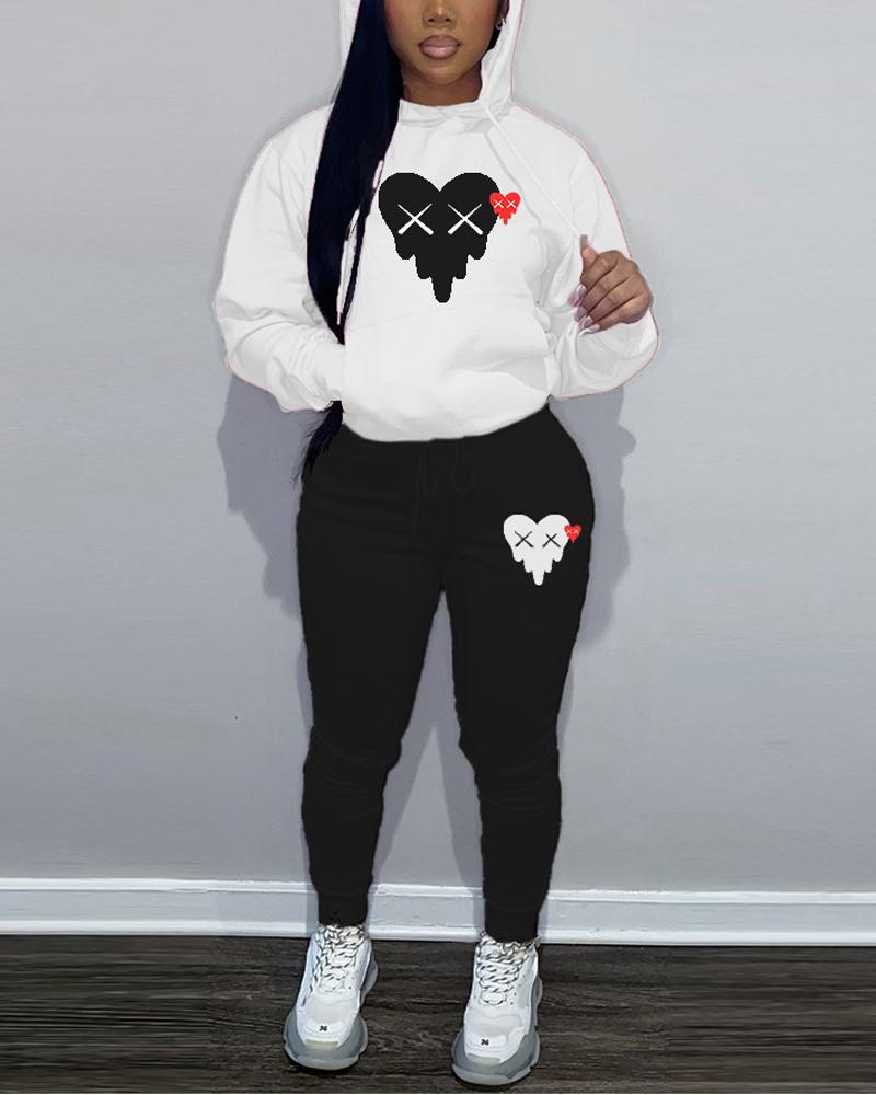 

Heart Print Long Sleeve Drawstring Hoodie & Pants Set, White