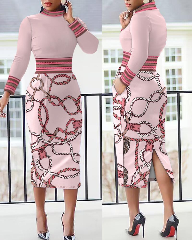 

Striped Chain Print Long Sleeve Slit Dress, Pink