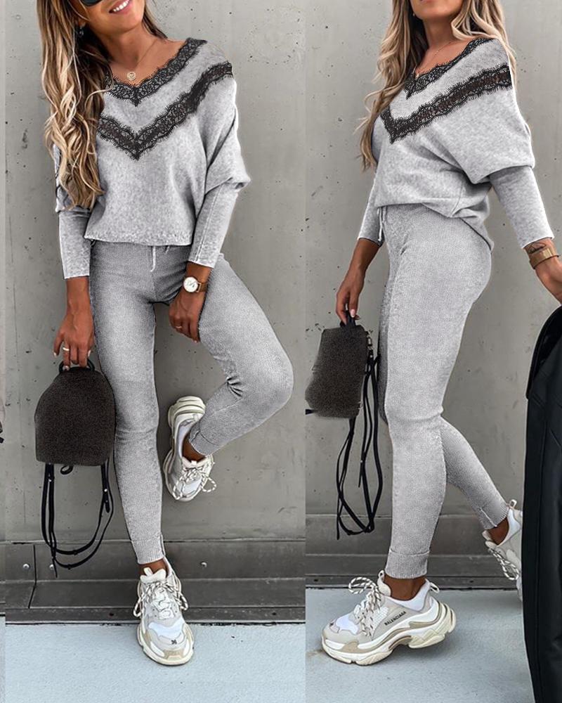 

Lace Trim Long Sleeve Top & High Waist Drawstring Pants Set, Gray