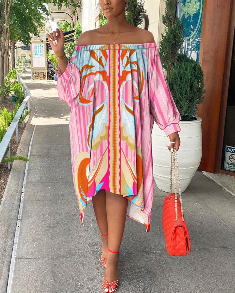 

Off Shoulder Long Sleeve All Over Print Dress, Multicolor