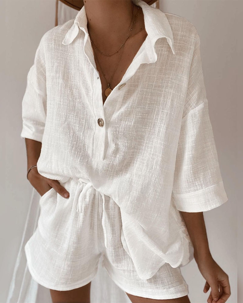 

Button Front Casual Top & Drawstring Shorts Set, White
