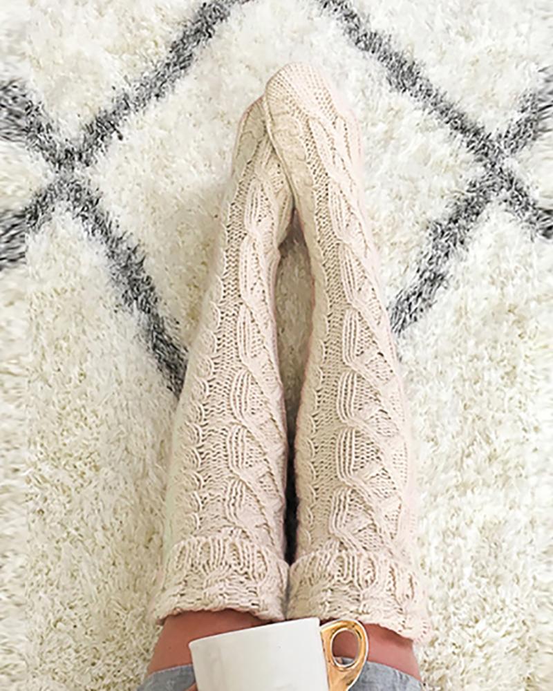 

Braided Hollow Out Knit Long Socks, Apricot