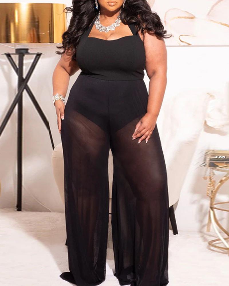 

Plus Size Halter Sheer Mesh Overlay Wide Leg Jumpsuit, Black