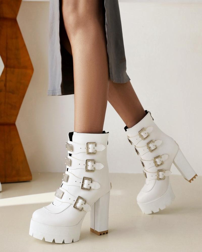 

Womens Cyberpunk Style Round Toe Wax Finish High Heel Boots, White