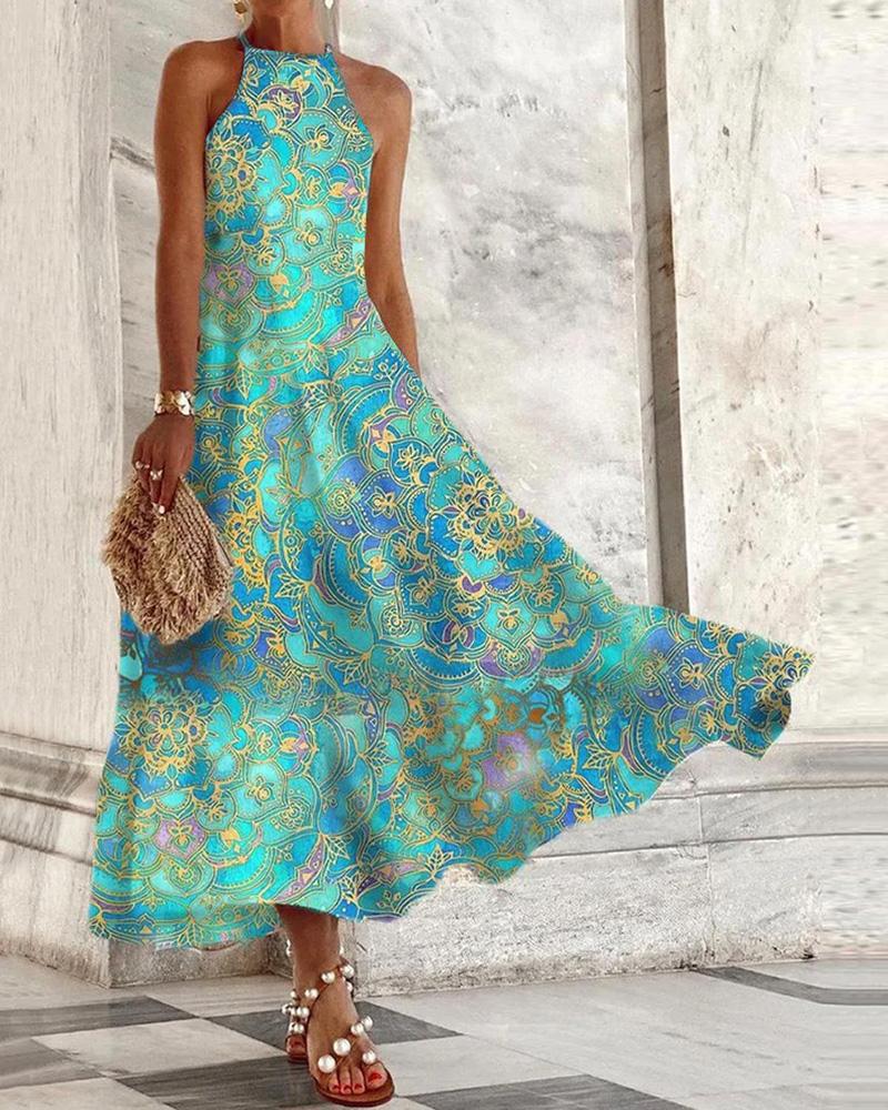 

Halter Floral Print Knit Swing Dress, Green