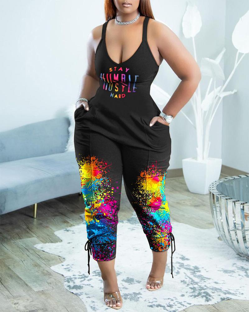 

Ink Splash Letter Print Lace-up Sleeveless Jumpsuit, Black