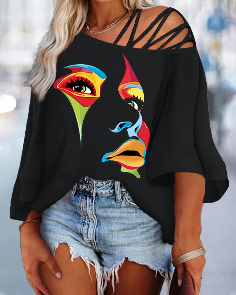 

Plus Size Figure Print Cold Shoulder Crisscross Top, Black