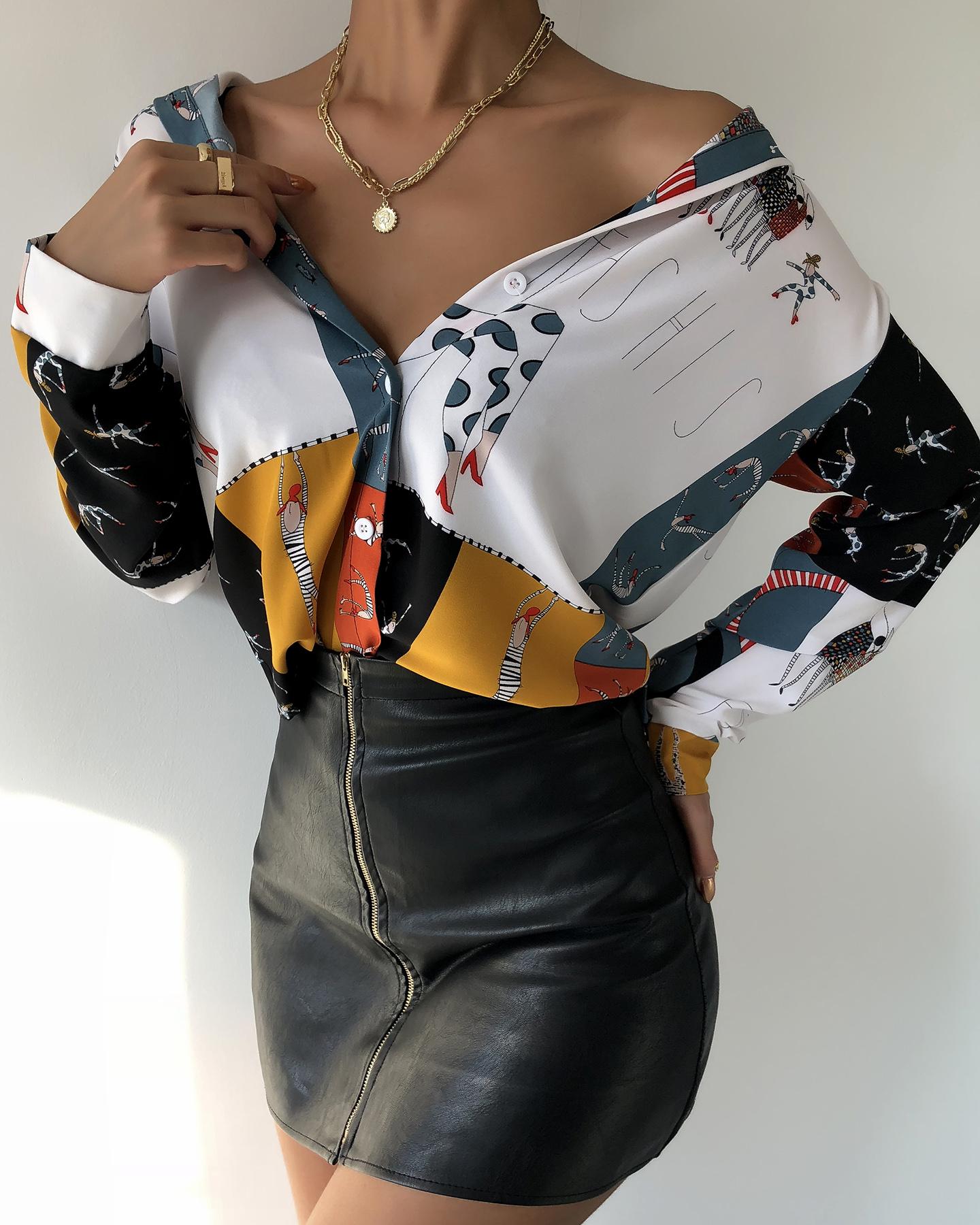 

Graphic Print Colorblock Long Sleeve Shirt, Yellow