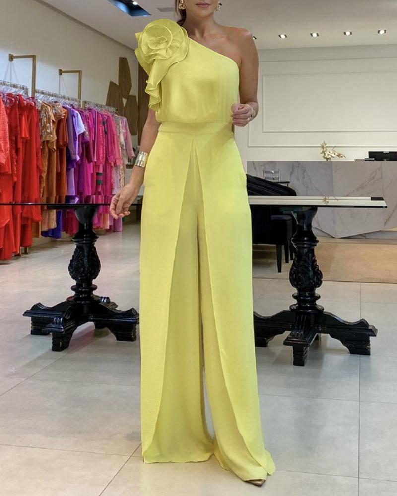 

Floral Pattern One Shoulder Jumpsuit, Yellow