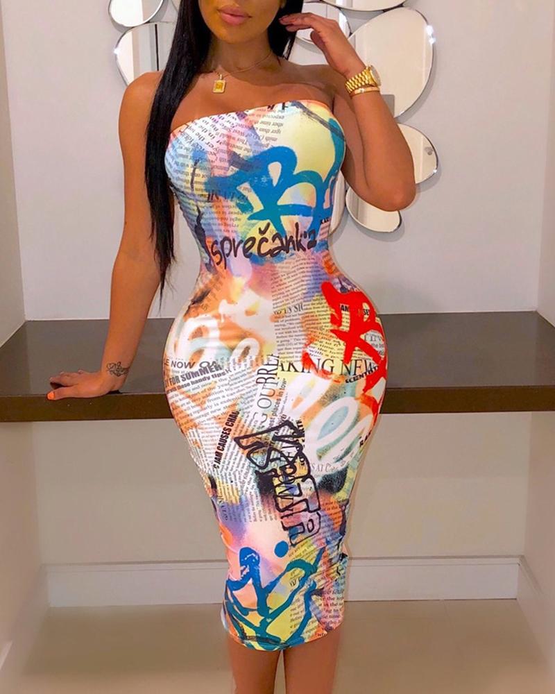 

Colorful Letter Print Off Shoulder Bodycon Dress, Multicolor