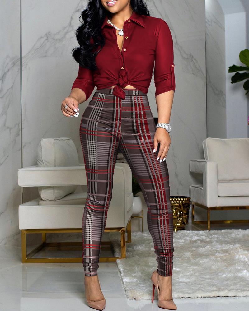 

Long Sleeve Button Down Shirt & Plaid Pants Set, Red