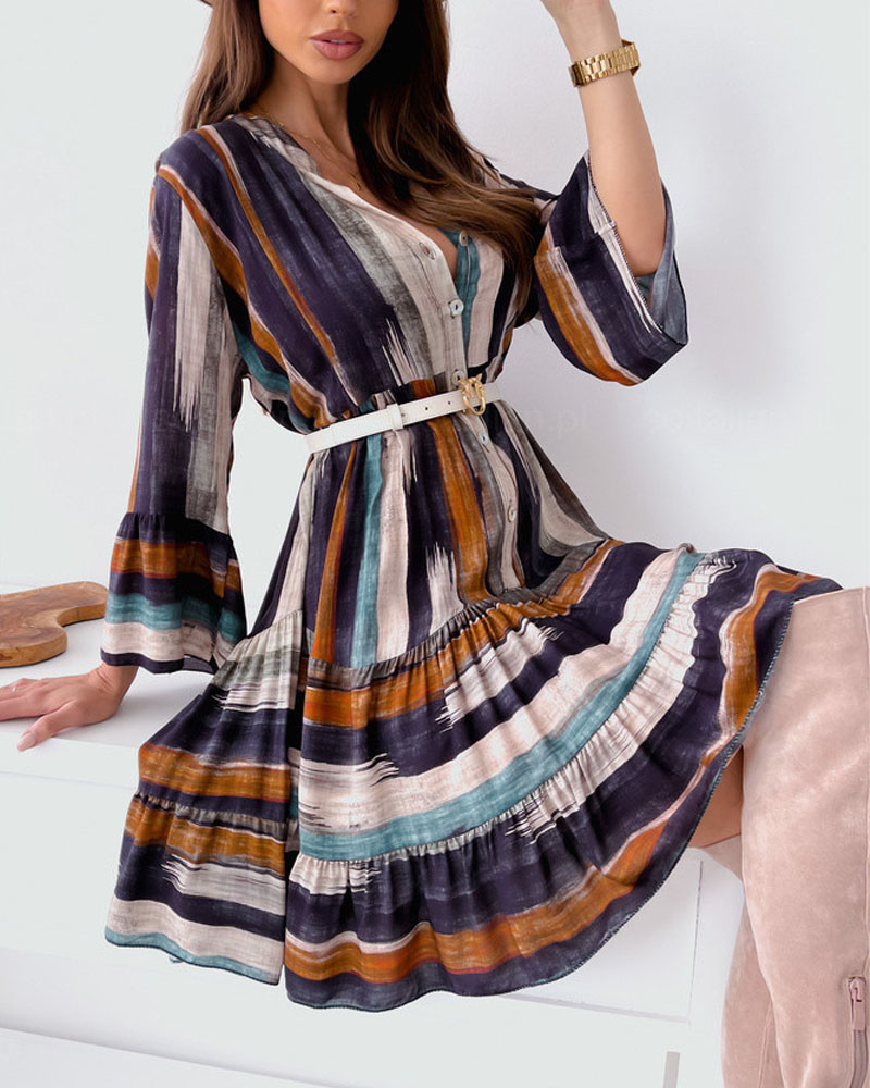 

Striped Print Button Front Ruffle Hem Casual Dress, Coffee
