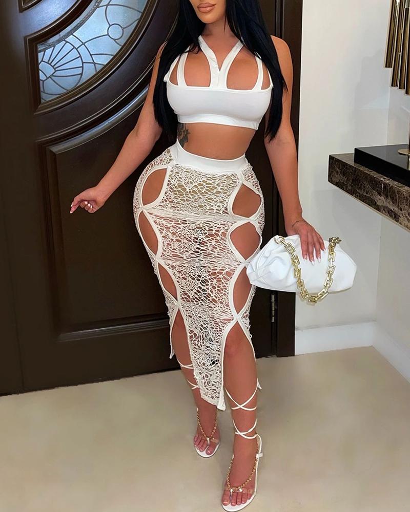 

Cutout Sleeveless Crop Top & High Waist Slit Skirt Set, White