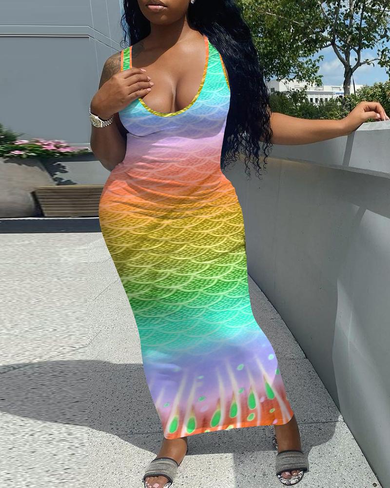 

Scale Pattern Print Colorblock Maxi Dress, Orange