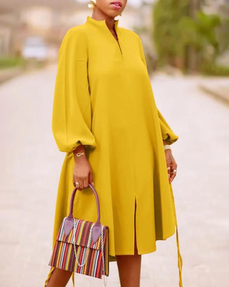 

Lantern Sleeve Slit Casual Dress, Yellow