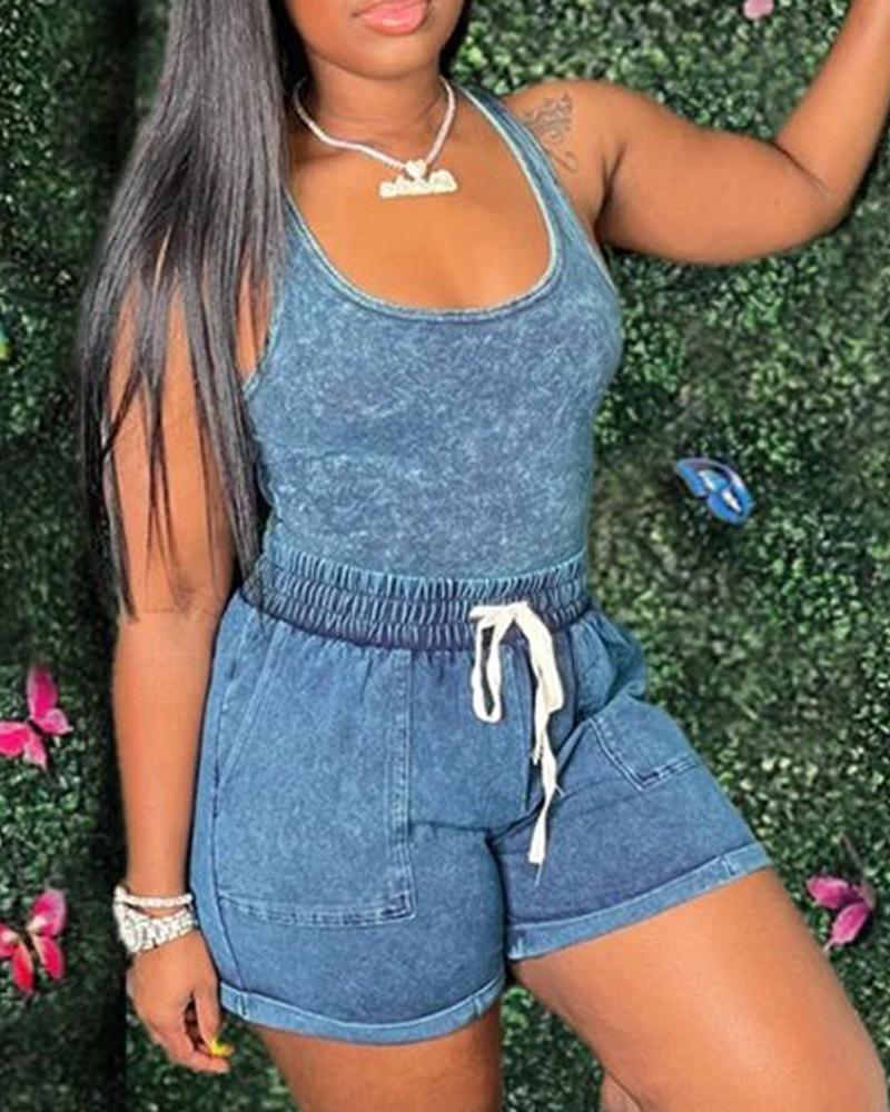 

Tie Dye Print Casual Tank Top & Drawstring Shorts Set, Blue