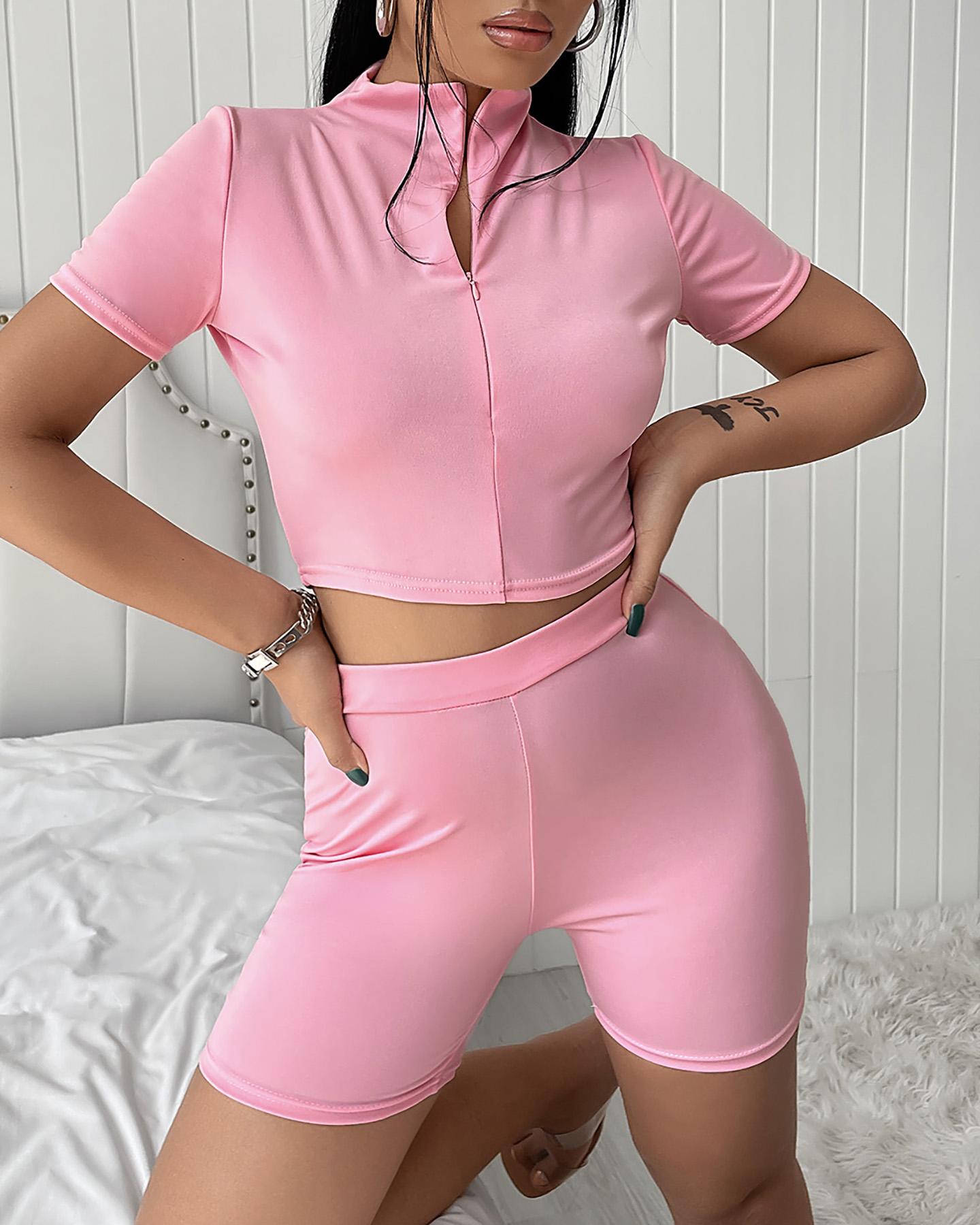

Solid Color Zipper Front Bodycon Top & Shorts Set, Pink