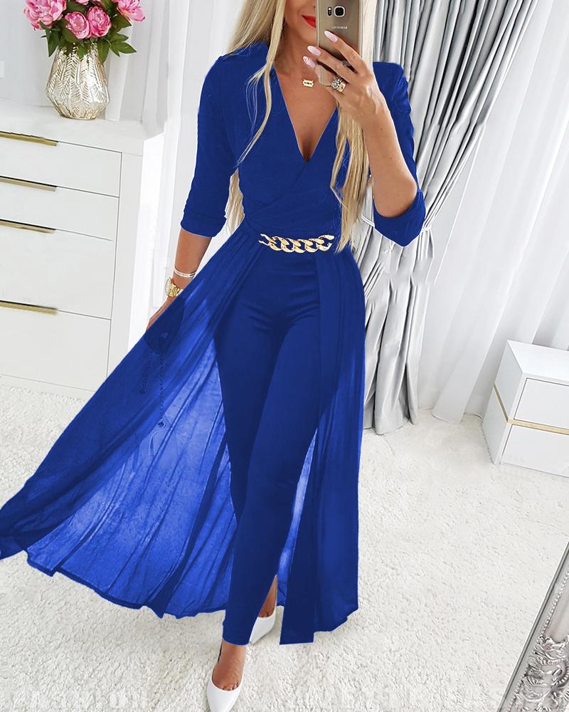 

Chain Decor Sheer Mesh Overlay Long Sleeve Jumpsuit, Blue