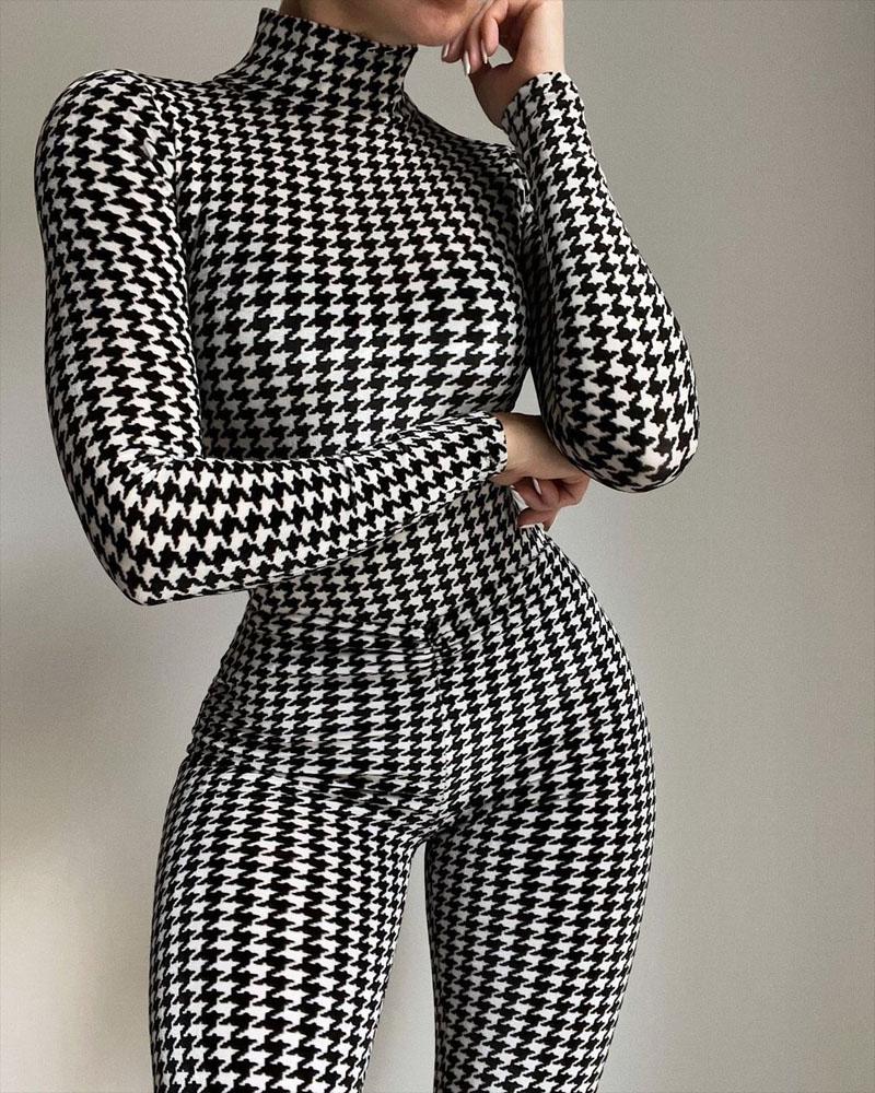 

Houndstooth Print High Neck Skinny Jumpsuit, Blackwhite